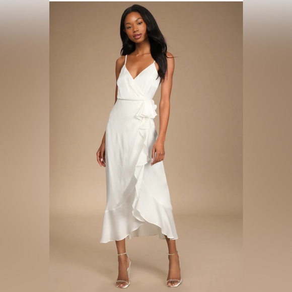 Lulus Dresses & Skirts - Lulu’s Captivated Beauty White Satin Ruffled Midi Dress